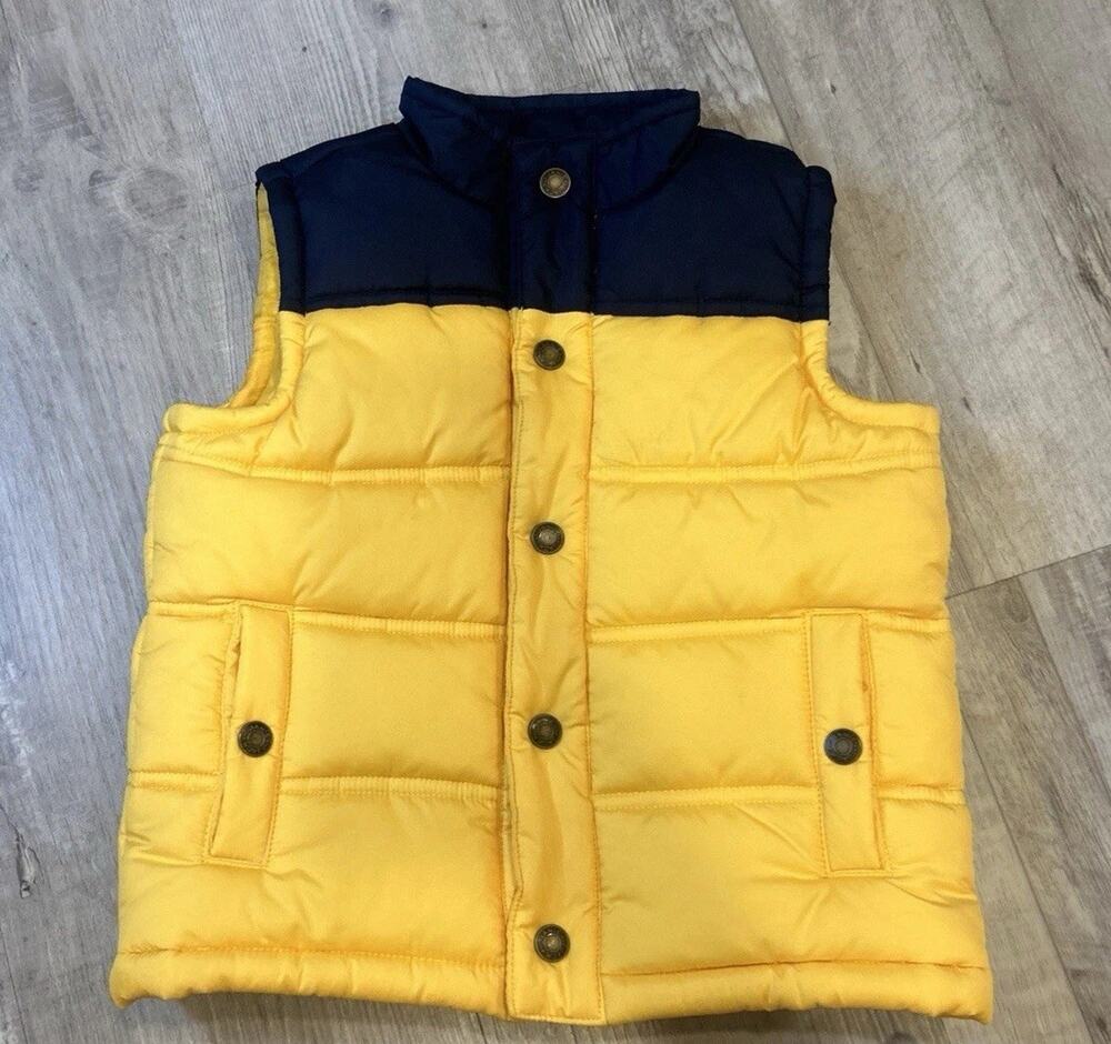 Janie and Jack Puffer Vest Kids 2T Navy Blue Yellow Quilted Snap Button Front